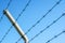 Coiled razor wire with its sharp steel barbs on top of a mesh perimeter fence ensuring safety and security