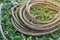 Coiled roll of rope arranged on grass ground