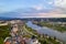 Coimbra drone aerial view of the city park, buildings and bridges at sunset, in Portugal