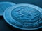 Coin of 5 five Mexican pesos close-up. Peso of Mexico. Reverse of coin with coat of arms of country. Eagle and snake. Blue tinted