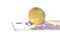 Coin bitcoin lies with european euro banknotes. Banknotes zero euro on an isolated white background. Bitcoin drop concept,