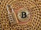 Coin bitcoin, padlock on a gold chain on a wooden background