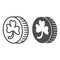 Coin with clover line and solid icon. Leprechauns gold lucky coin with four leaf outline style pictogram on white