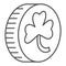 Coin with clover thin line icon. Leprechauns gold lucky coins with four leaf outline style pictogram on white background