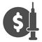 Coin with dollar and syringe solid icon, injections concept, Vaccine price or vaccine cost sign on white background