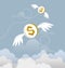 Coin dollar with wings flying in the sky. Lost money concept