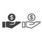 Coin in hand line icon, earnings outline and solid vector sign,