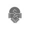Coin with handshake, contract agreement, partnership, teamwork grey fill icon. Finance, payment, invest finance symbol