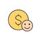 Coin with happy face, money insurance, like, positive feedback color lineal icon. Finance, payment, invest finance