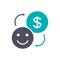 Coin and happy smiley face colored icon. Exchange happiness on money symbol