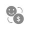 Coin and happy smiley face grey icon. Exchange happiness on money