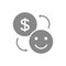 Coin and happy smiley face grey icon. Exchange happiness on money symbol
