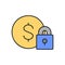 Coin with lock, money protection, finances security, deposit savings color lineal icon. Finance, payment, invest finance