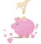 Coin into pink piggy bank with recycled pape