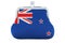 Coin purse with New Zealand flag. Budget, investment or financial, banking concept in New Zealand. 3D rendering