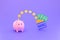 Coins and banknotes and piggy banks. saving  concept and spending money