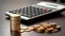 Coins and calculator on wooden desk