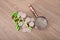 Coins and capsule medicines and magnifying glass on the table