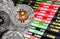 Coins cryptocurrency bitcoin on the background of stock market f