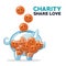 Coins in form of happy face floating and depositing in money piggy bank charity share love