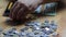 Coins on hand, coins on table, bitcoin, dirhams, euro coins, calculator and money