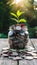 Coins in jar atop wooden surface, savings for travel adventures