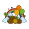 Coins pile with balloons helium and rainbow