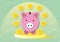 Coins and pink piggy bank with yellow pedestal on pastel green background, Saving money concept.