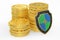 Coins with shield, financial insurance and business