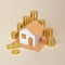 Coins Stack and Home on Beige Pastel Background.
