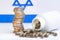 Coins stacked on each other in different positions on colored background. Israeli economy. Pharmaceutical industry in Israel