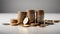 Coins stacked on a white background, isolated.