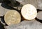 coins with symbol B symbolizing the cryptocurrency BITCOIN