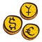 Coins with symbols of foreign currency colored button with a black outline on a white background in a hand drawn style