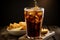 Cola being poured into a glass on a wooden table near French fries