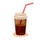 Cola or coke beverage in closed cup with straw on napkin. Sweet carbonated soft brown drink.