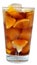 Cola drink with ice cubes and sliced orange in a highball glass