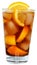 Cola drink with ice cubes and sliced orange in a highball glass