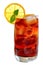 Cola with ice cubes and sliced lemon in a highball glass