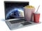 Cola, popcorn and laptop. 3d image