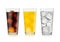 Cola soda drink with lemonade and orange soda with ice cubes and bubbles on white background