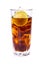 Cola in tall glass with ice cubes and lime