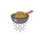 Colander with fresh cooked spaghetti cartoon style icon. Metal kitchenware cooking utensil to strain pasta