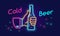 Cold beer bottle and thumbs up symbol icon in neon light style on dark background.