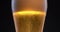 Cold beer with drops, white foam and bubbles. Fresh cold alcohol in pub. Dark background. Low angle shot of golden glass