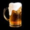 Cold beer with foam in a mug, black isolated background with blank space for a logo or text. Stock Photo mug of cold foamy beer
