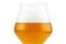 Cold beer in a Teku tasting glass half filled, drops of water on glass and foam, isolated on a white background with a clipping pa