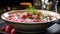 Cold Beet Pink Delicious Soup in Garnished Bowl on Selective Focus Background