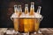 Cold bottles of beer with condensation droplets in the metal bucket with ice on wooden table