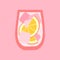 Cold cocktail with lemon and ice cubes. Tumbler glass. Vector with texture. Pink cocktail
